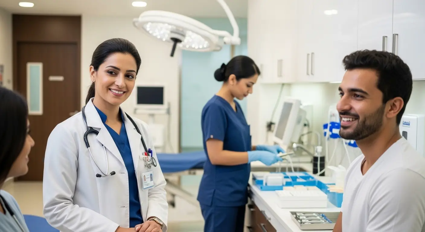 Female doctor talking with patient in medical examination room