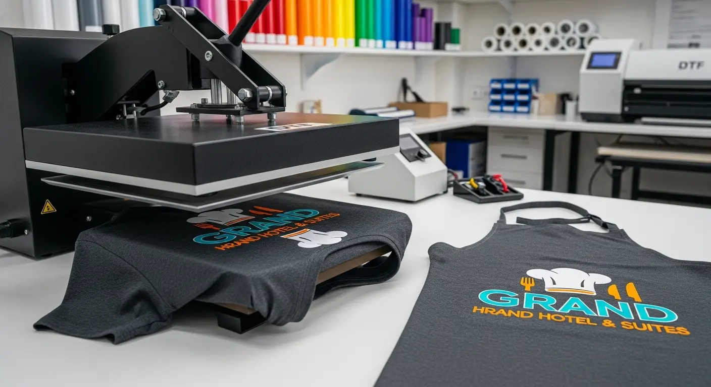 Heat press machine printing hotel logo on custom staff uniform apron