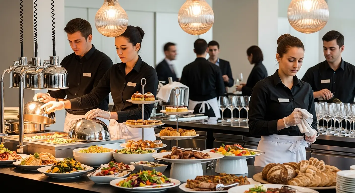 Catering staff wearing professional uniforms serving buffet food in a hotel restaurant