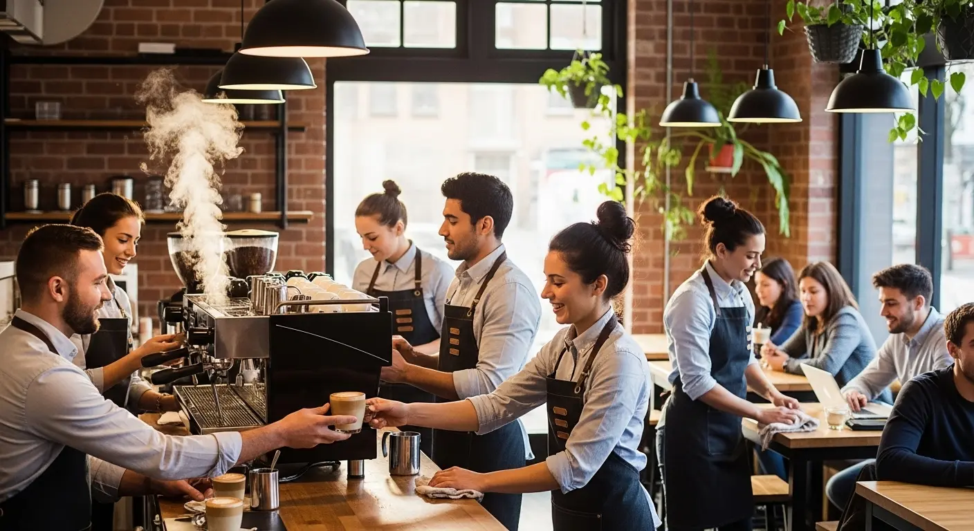 Baristas wearing branded café uniforms serving coffee in a modern coffee shop