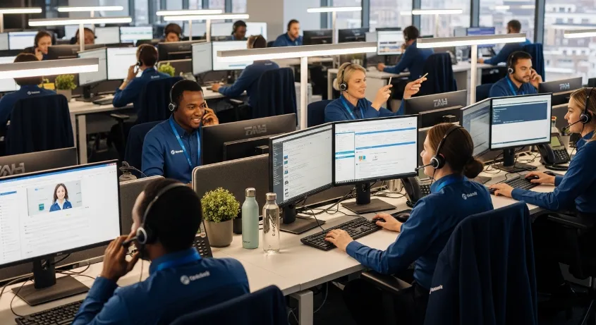 Call center employees working with headsets wearing office uniforms