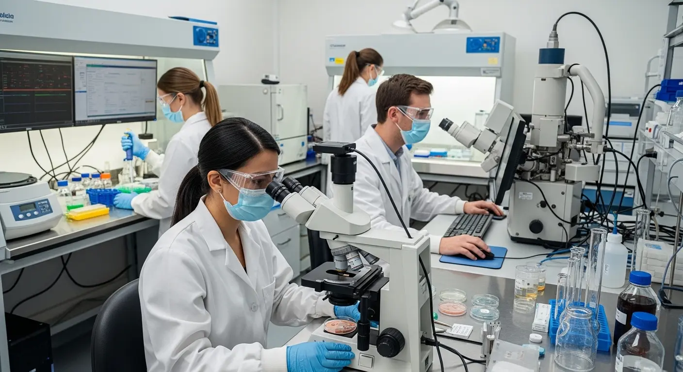 Healthcare technicians working in an advanced clinical diagnostic laboratory with modern testing equipment