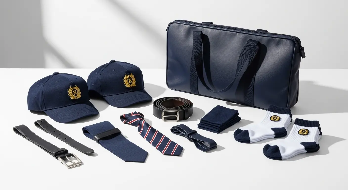 Full school uniform accessories including cap, tie, socks, belt and bag by Stitch Point Qatar