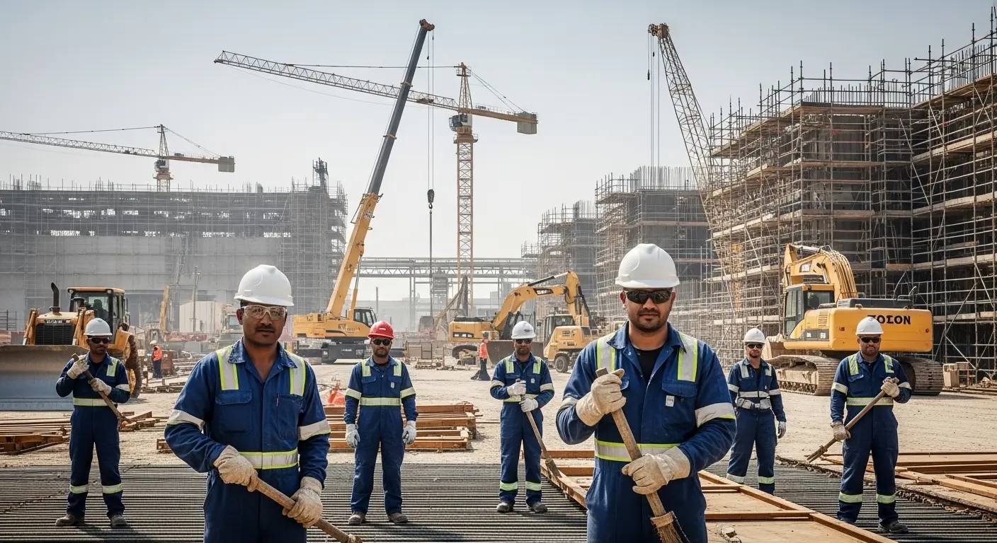 construction workers wearing safety uniforms at large building project in Qatar
