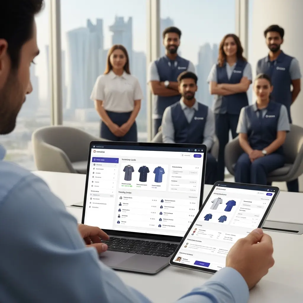 Business team using uniform management software on laptop and tablet