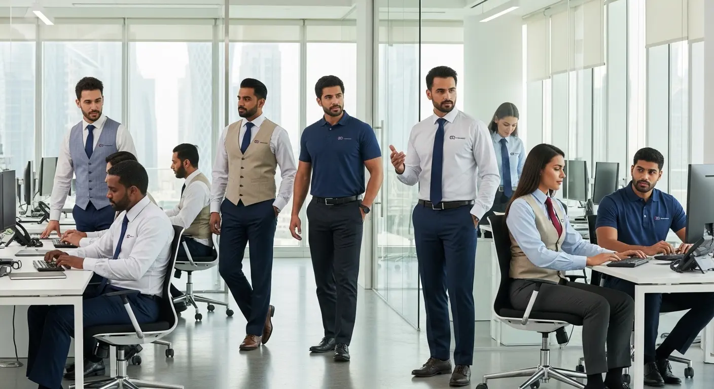office staff wearing corporate uniforms in a modern workplace in Qatar