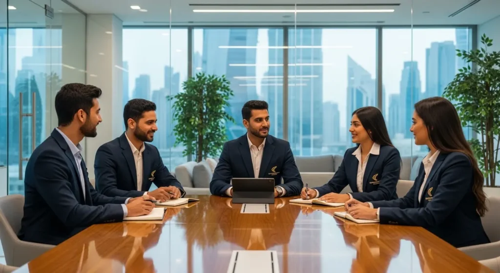 corporate team wearing professional uniforms during office meeting in Qatar