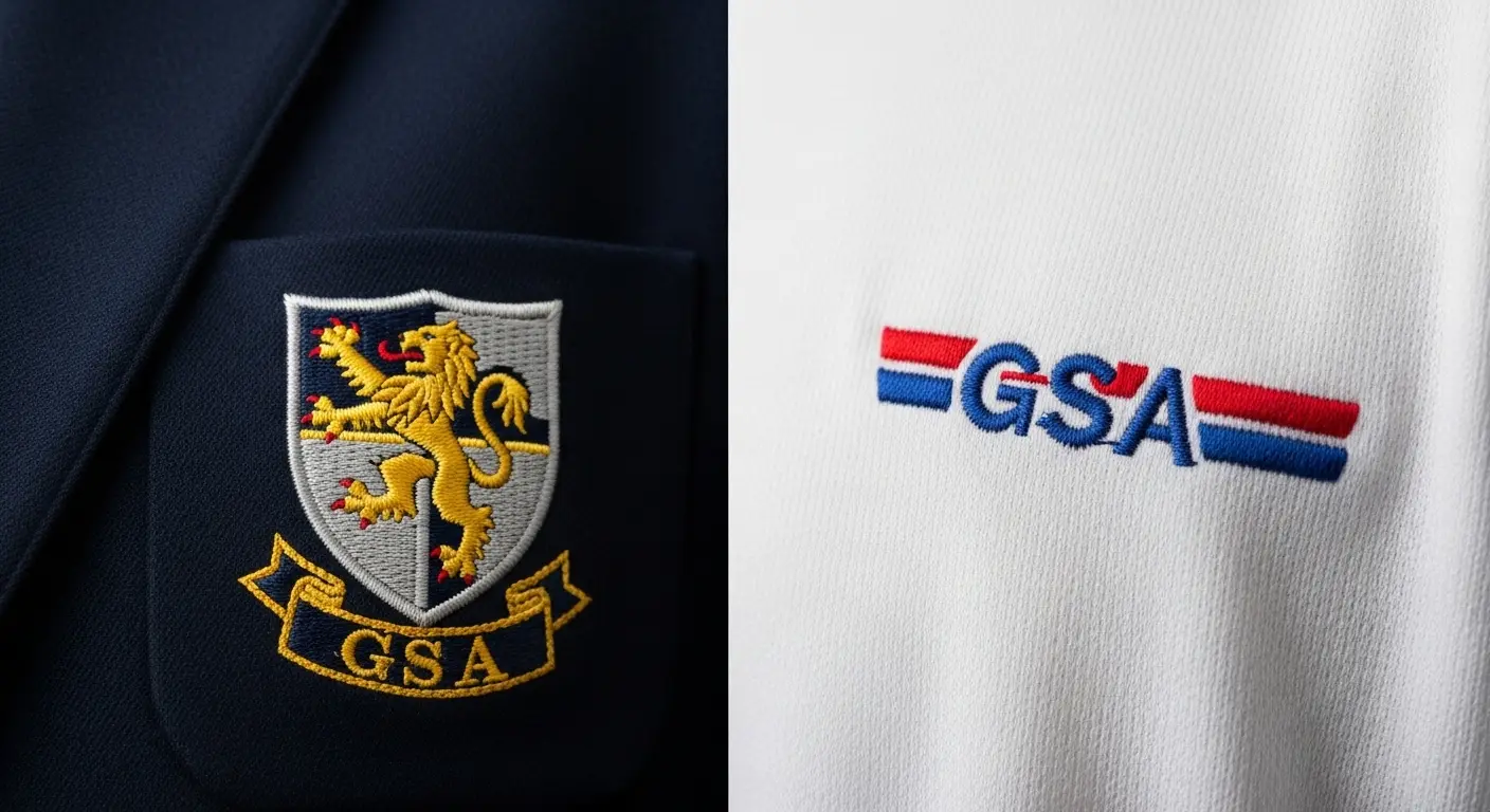 Close-up of embroidered school logo on uniform fabric by Stitch Point Qatar