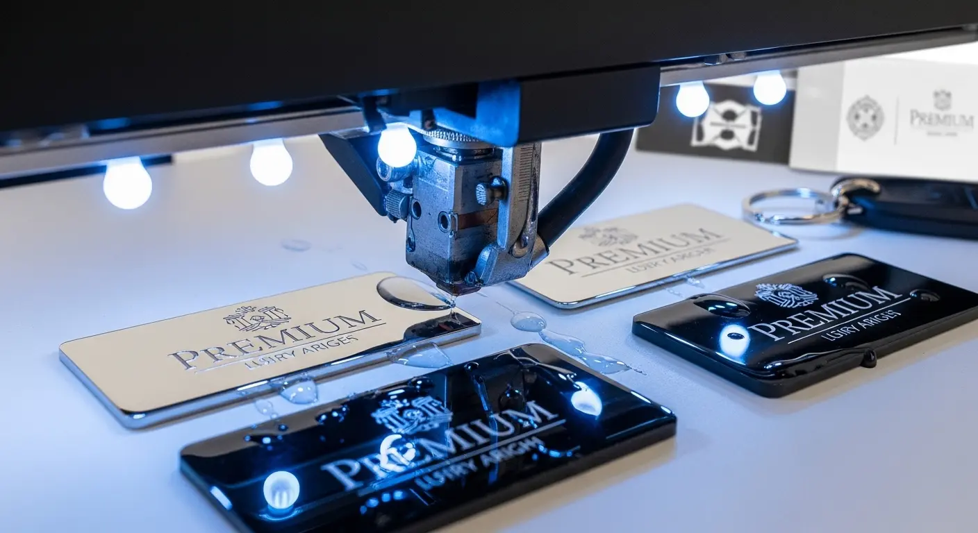 Laser engraving machine producing branded name badges for staff uniforms