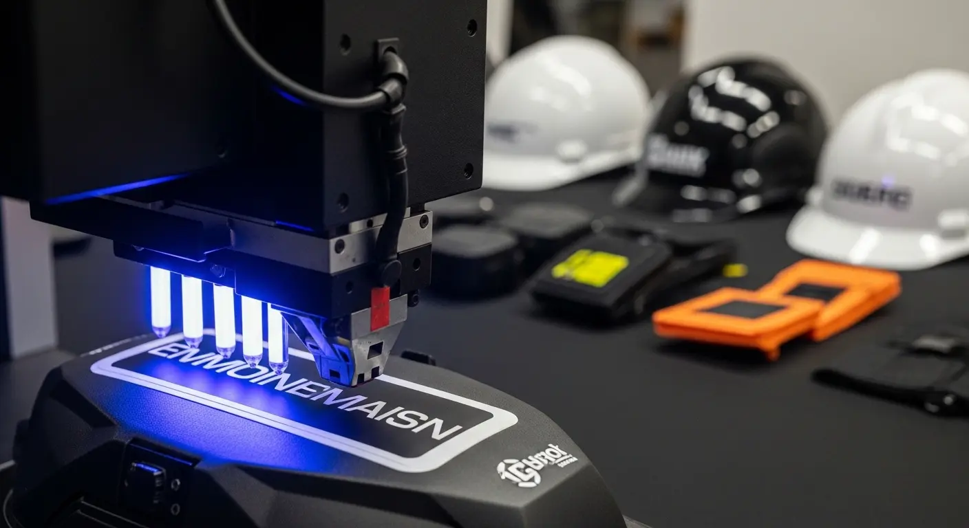 branded safety helmets and protective equipment on worktable in Qatar