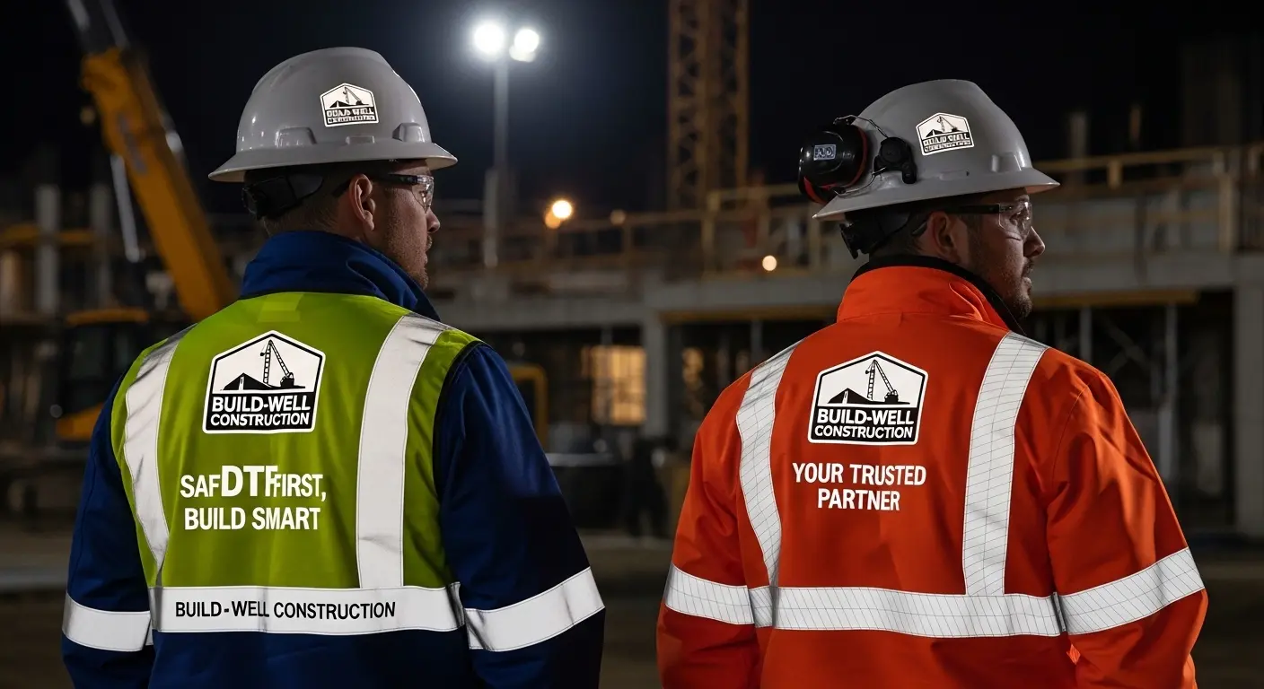 construction workers wearing branded reflective jackets at night site in Qatar