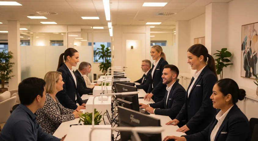Customer support staff working in office wearing matching corporate uniforms