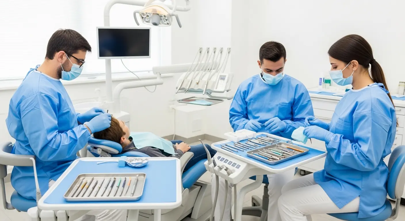 Dentists performing a dental procedure on a patient in a modern clinic using sterile instruments