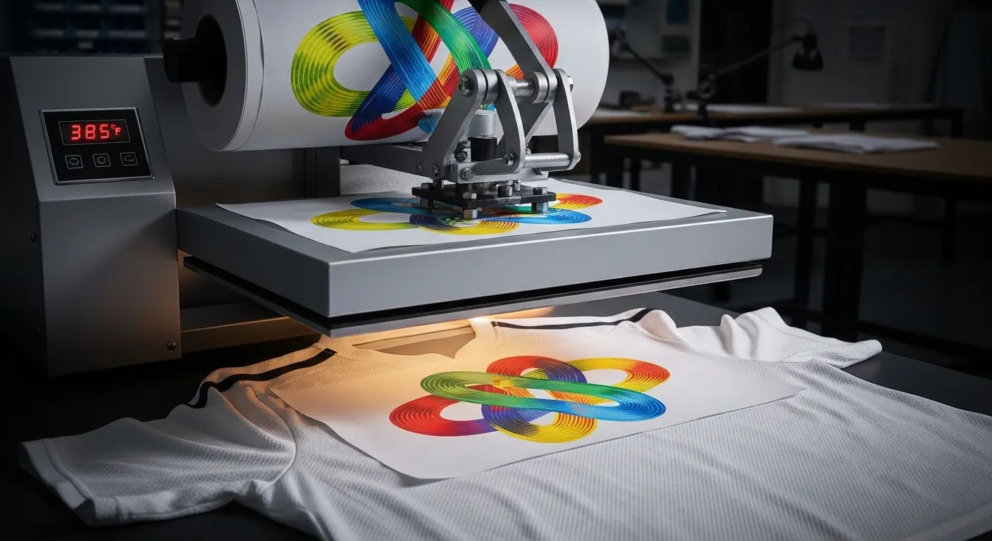 DTF printer applying colorful logo design on t-shirt fabric at Stitch Point Qatar
