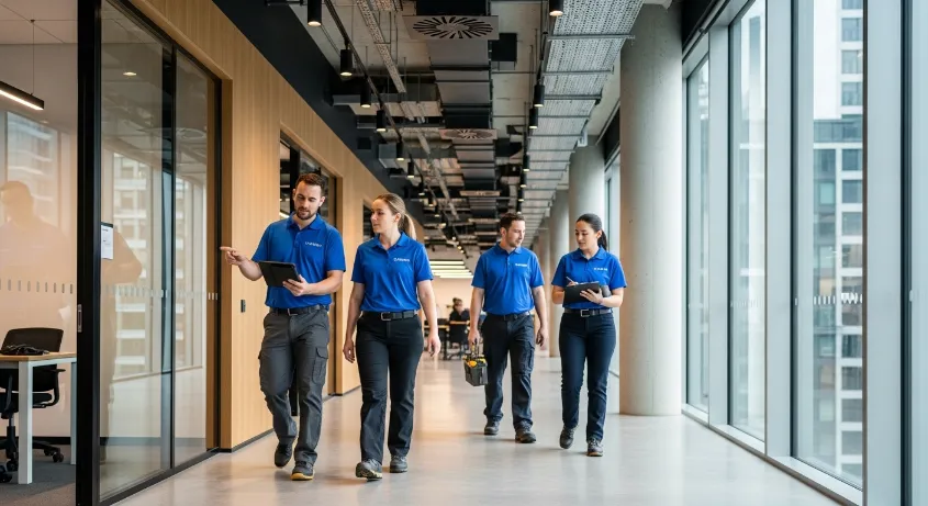 Technicians walking in office corridor wearing branded uniforms