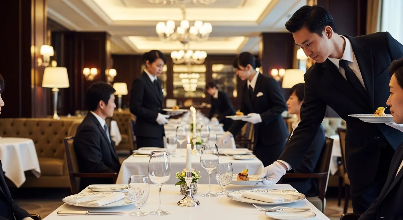Restaurant waiters wearing formal uniforms serving guests in a fine dining restaurant