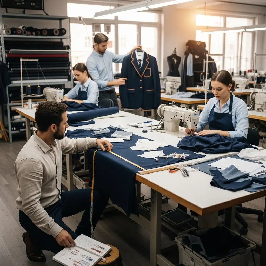 Workers stitching school blazers and uniforms inside a garment manufacturing factory