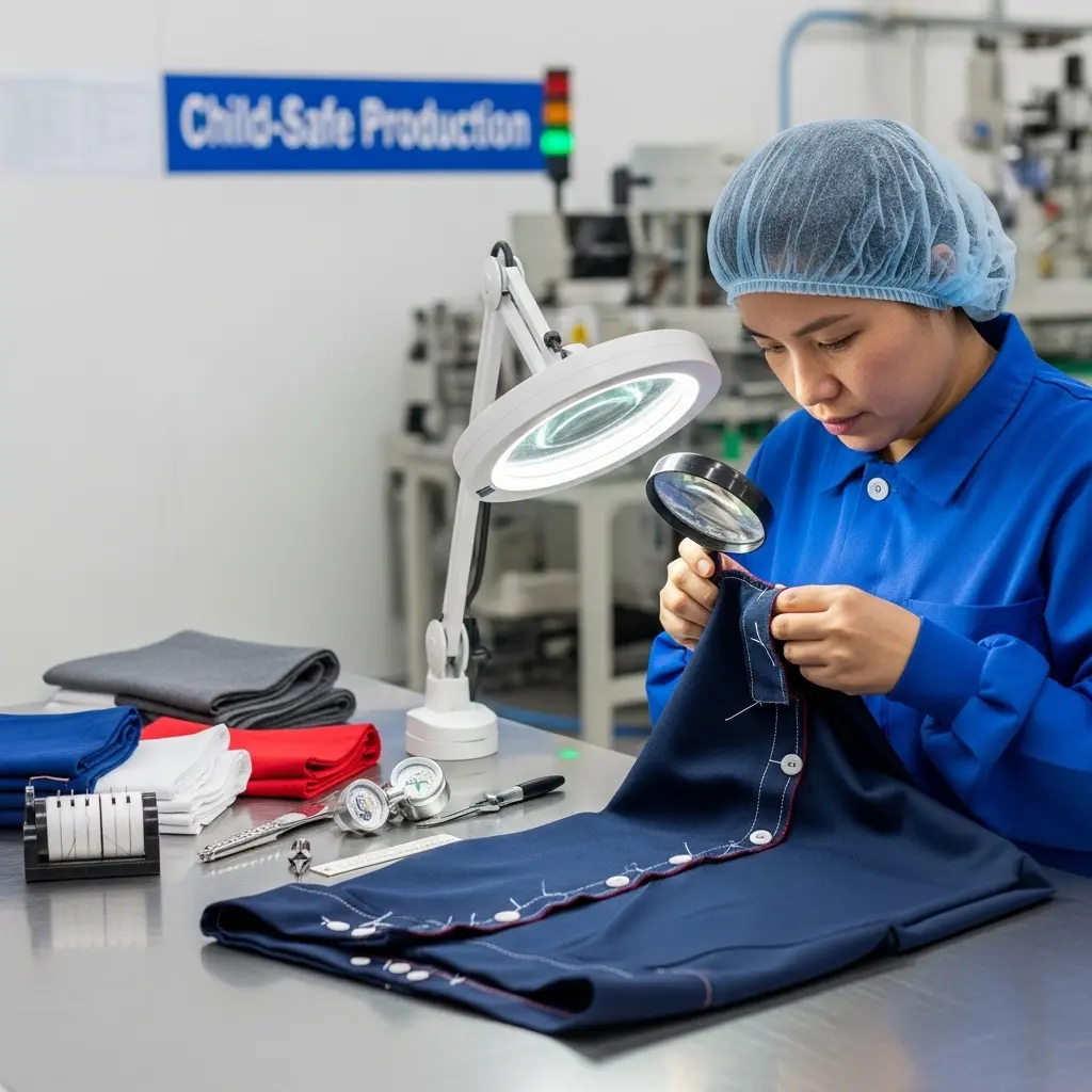 Worker inspecting hotel uniform fabric using magnifying glass