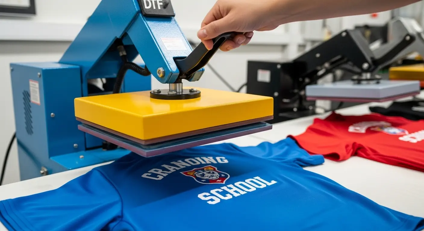 Heat press machine printing school logo on t-shirt at Stitch Point uniform factory