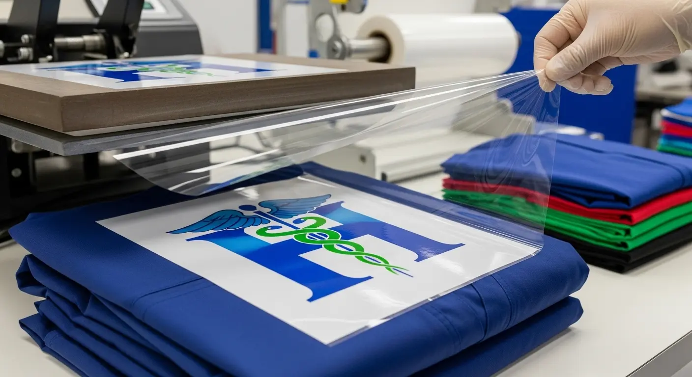 Heat transfer machine applying a medical logo onto folded healthcare uniforms