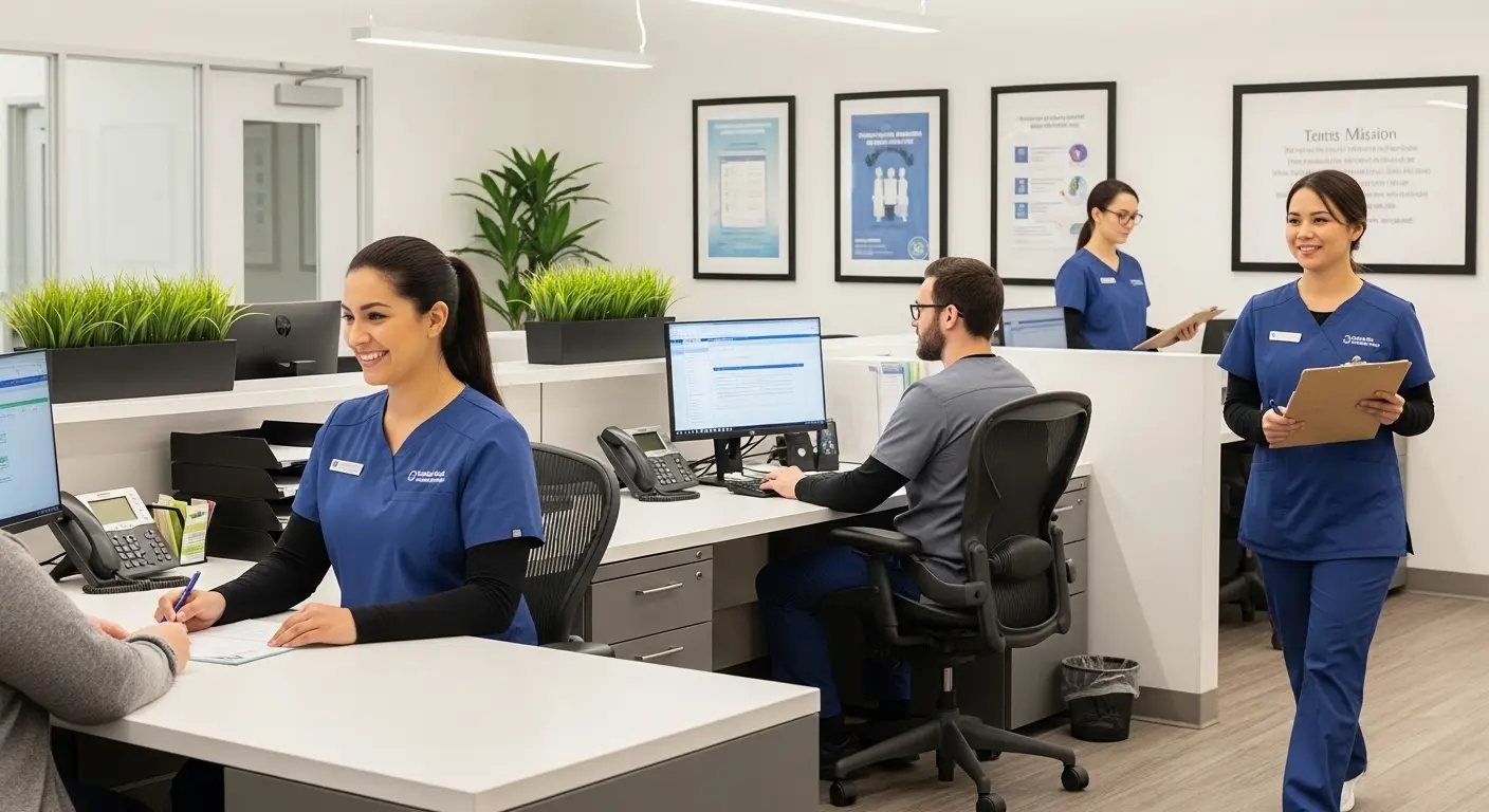 Hospital reception staff assisting patients at a modern medical front desk