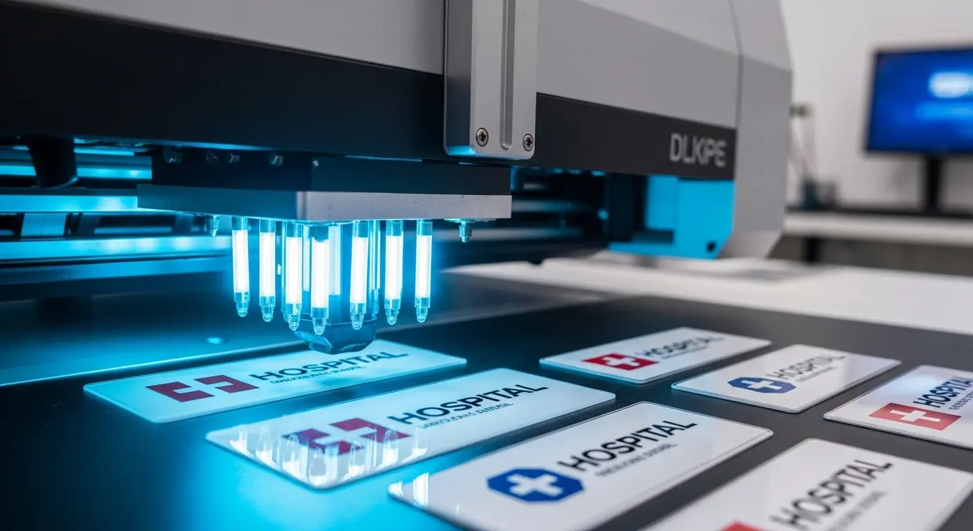 Automated machine printing hospital logos onto uniform labels and branding materials