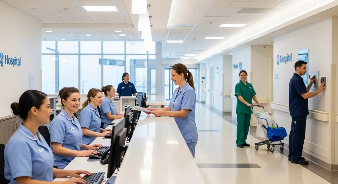 Hospital reception staff wearing custom stitched uniforms with logo branding