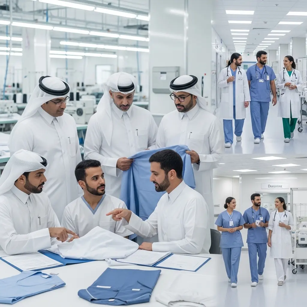 Hospital management inspecting stitched medical uniforms for quality control