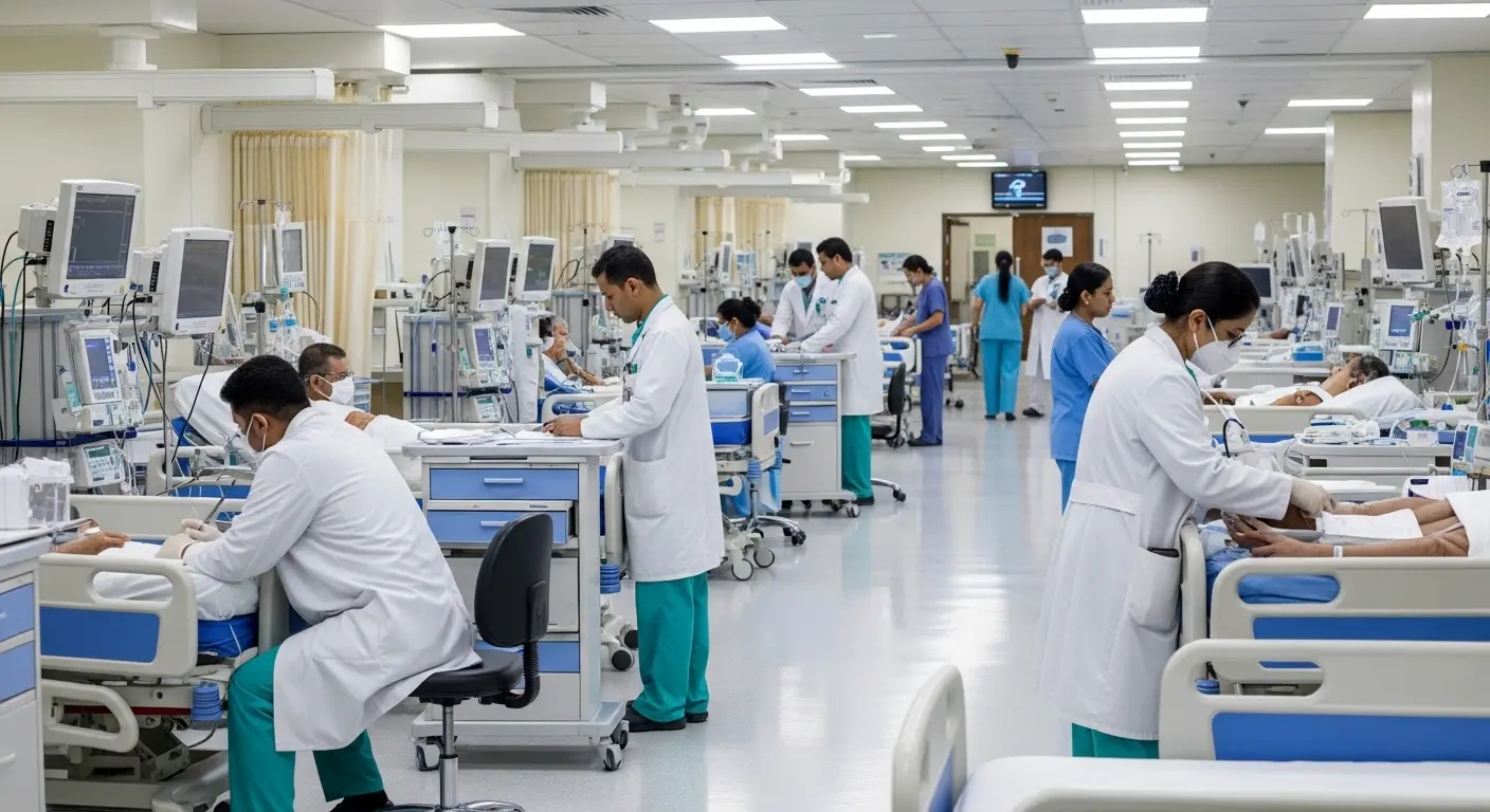 Doctors and nurses providing patient care inside a modern hospital ward with medical monitoring equipment