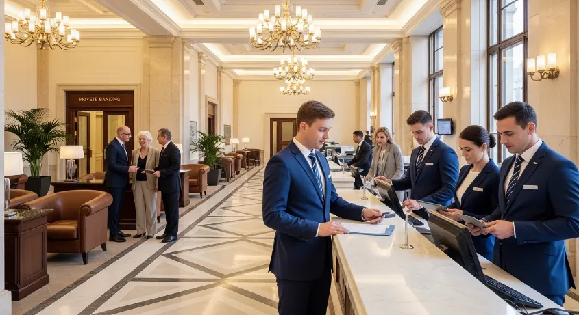 Service staff assisting customers at counter wearing formal uniforms