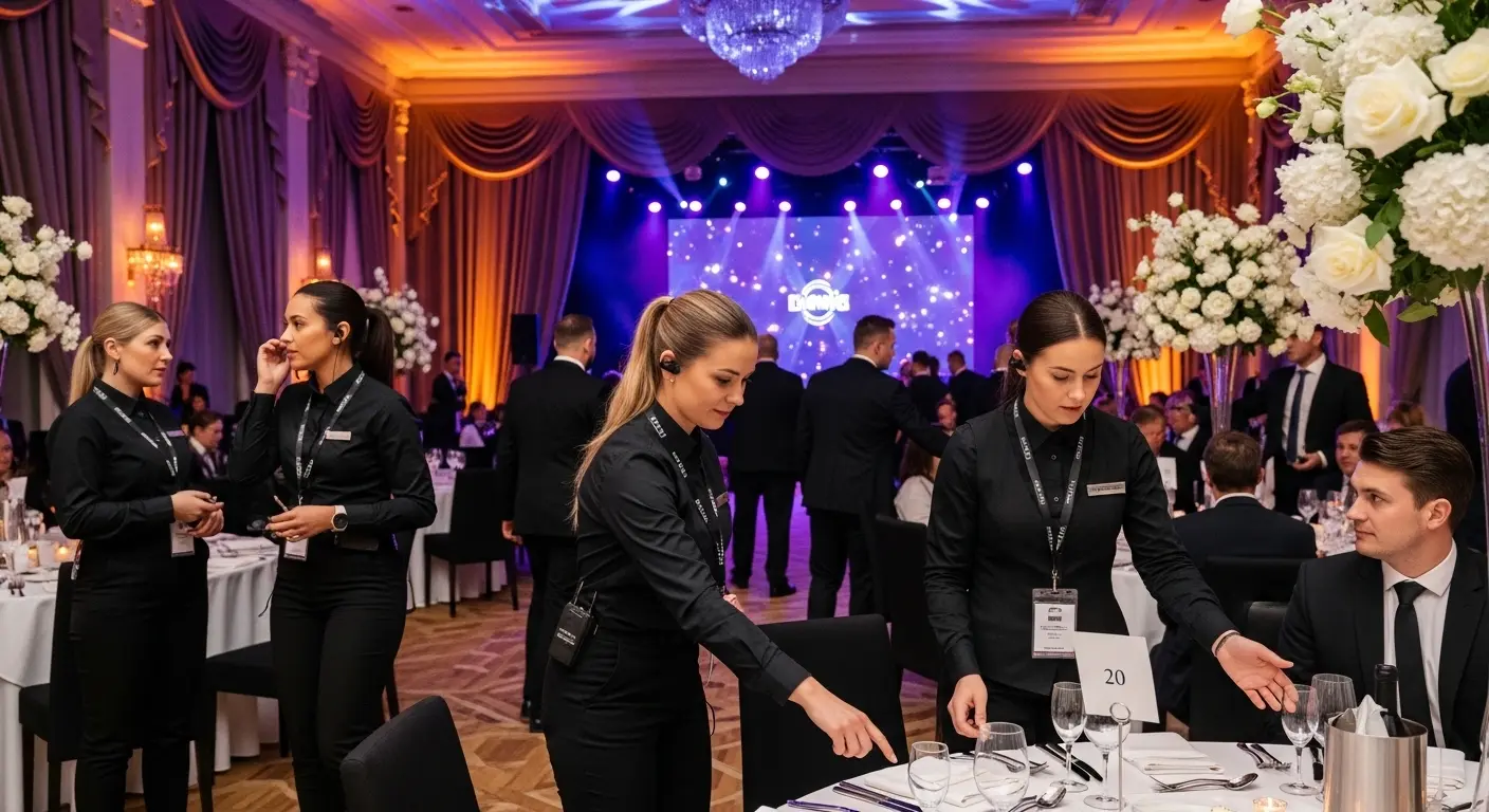 Hospitality staff wearing custom uniforms serving guests at a corporate event in Qatar by Stitch Point