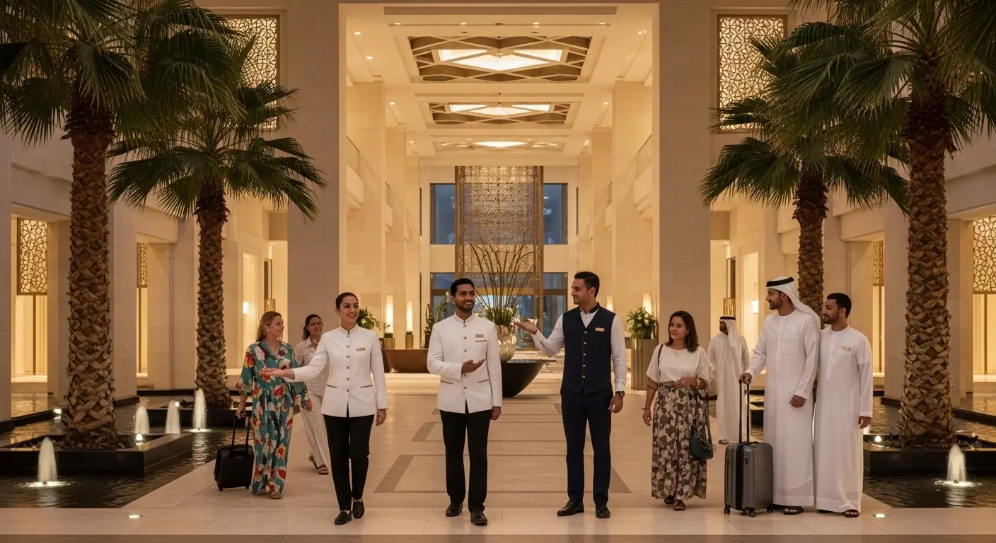 Hotel staff wearing professional uniforms welcoming guests in a luxury hotel lobby