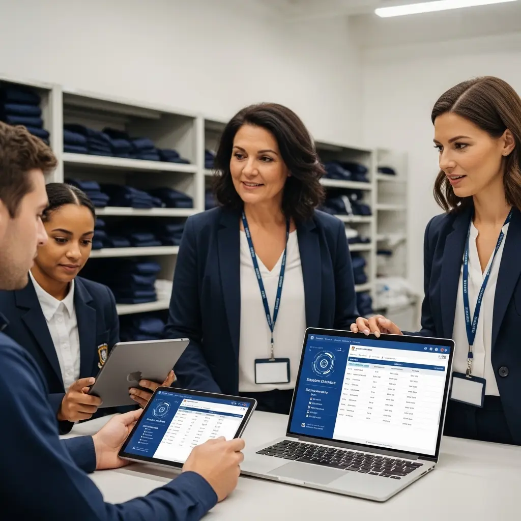 Hotel managers using laptop and tablet for inventory management