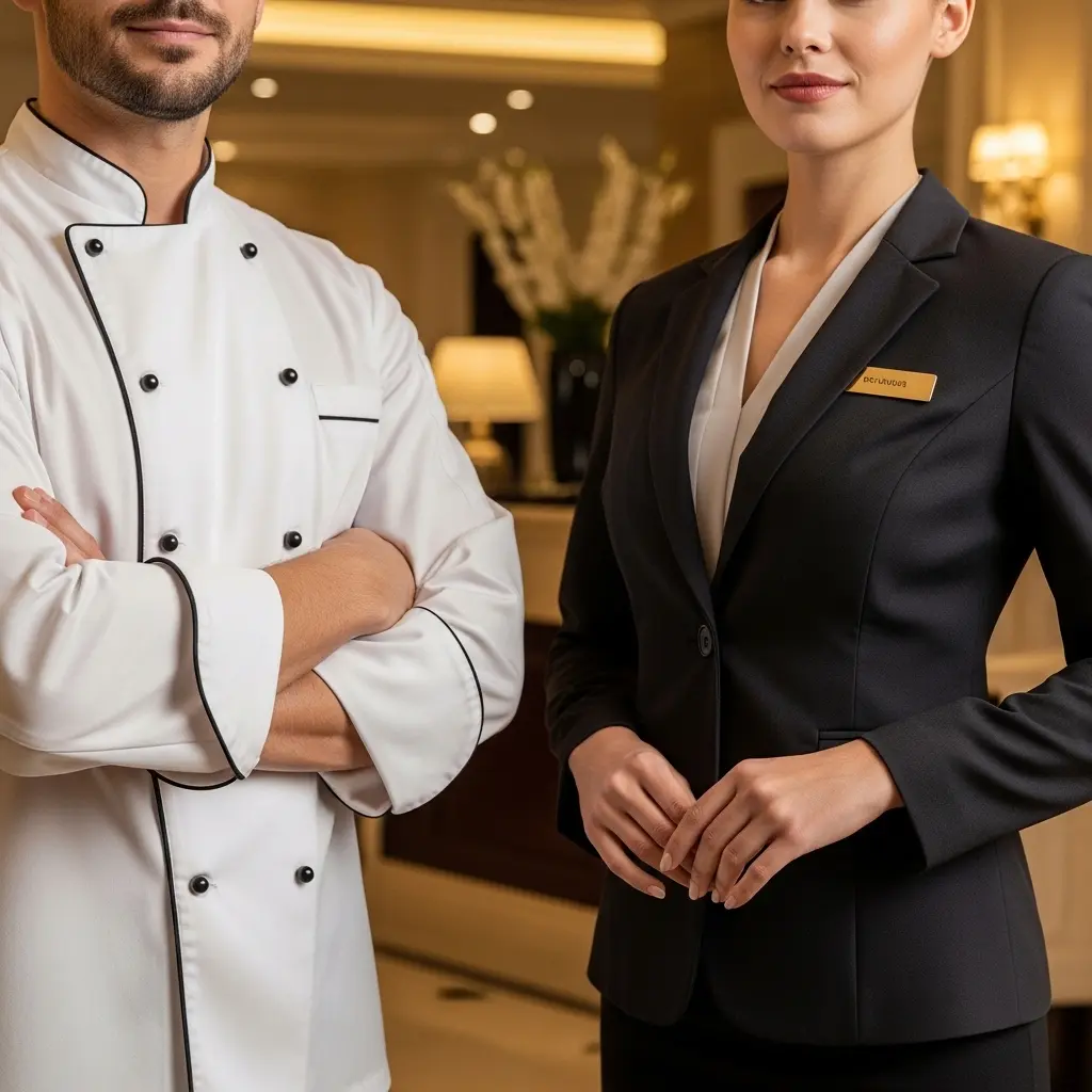 Hotel chef and front desk manager wearing professional executive uniforms