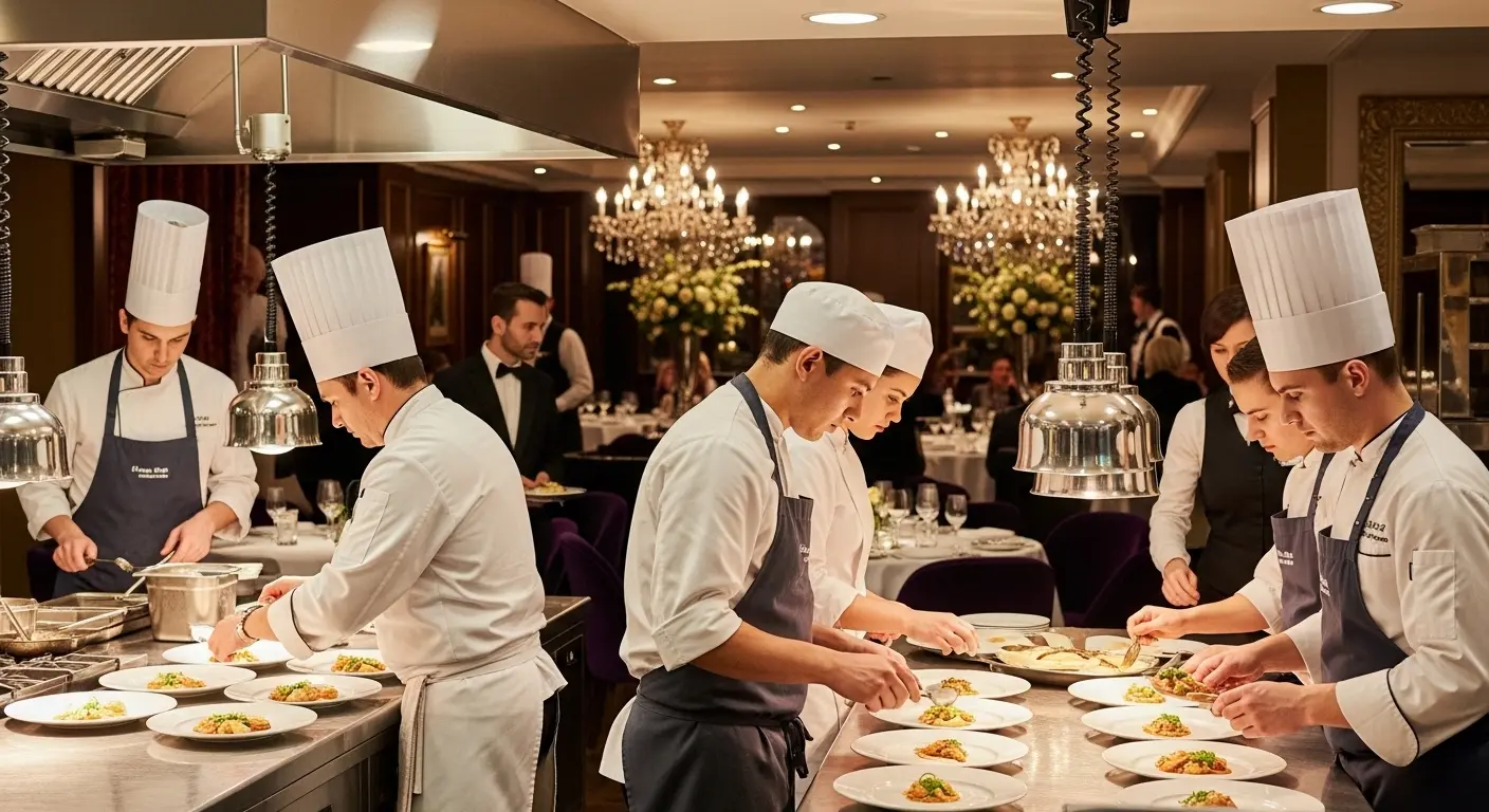 chefs wearing professional hotel kitchen uniforms in a luxury restaurant in Qatar