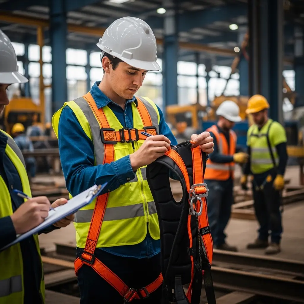 worker inspecting safety harness while wearing industrial uniform in Qatar