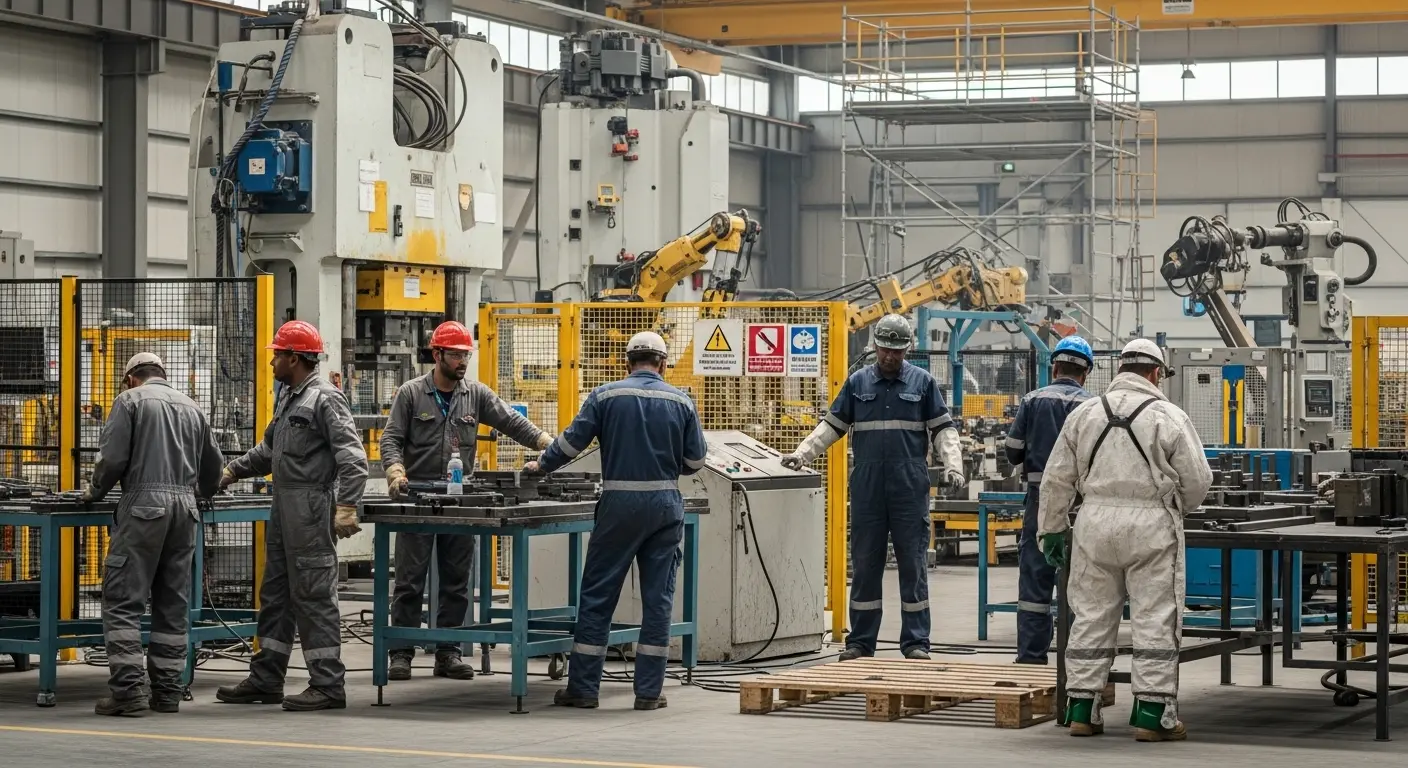 factory workers wearing protective uniforms in heavy manufacturing plant in Qatar
