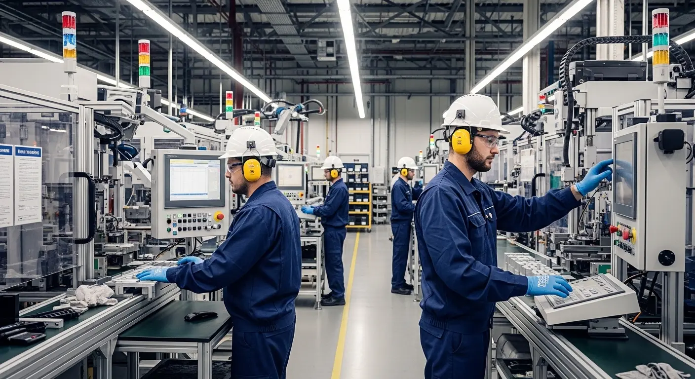 factory workers wearing industrial uniforms operating machinery in Qatar