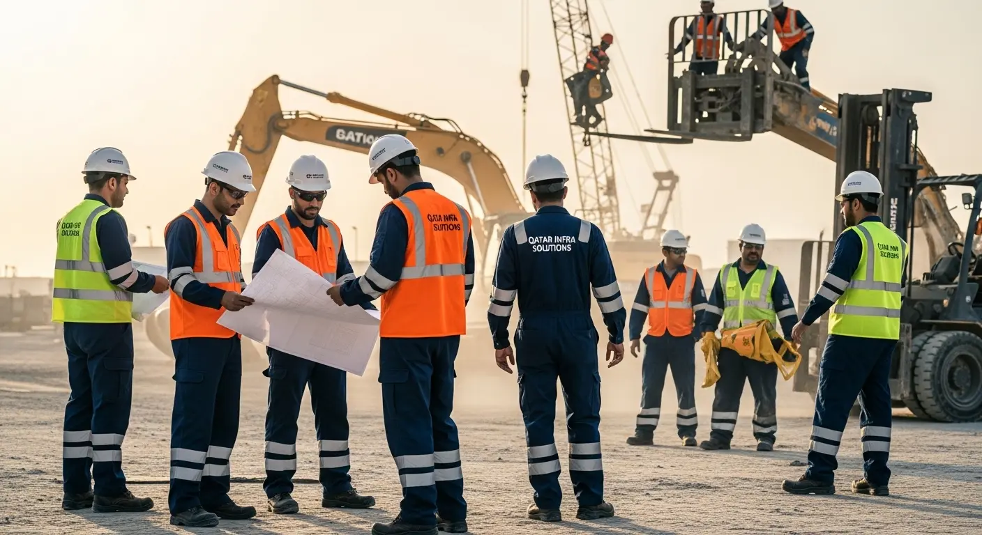 construction workers wearing industrial safety uniforms at project site in Qatar