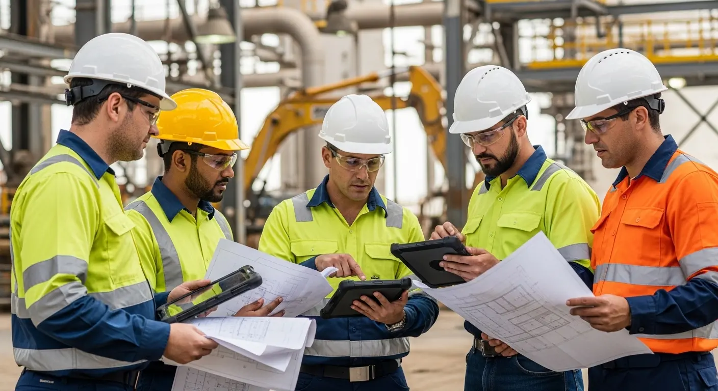 engineering team reviewing plans while wearing safety uniforms in Qatar