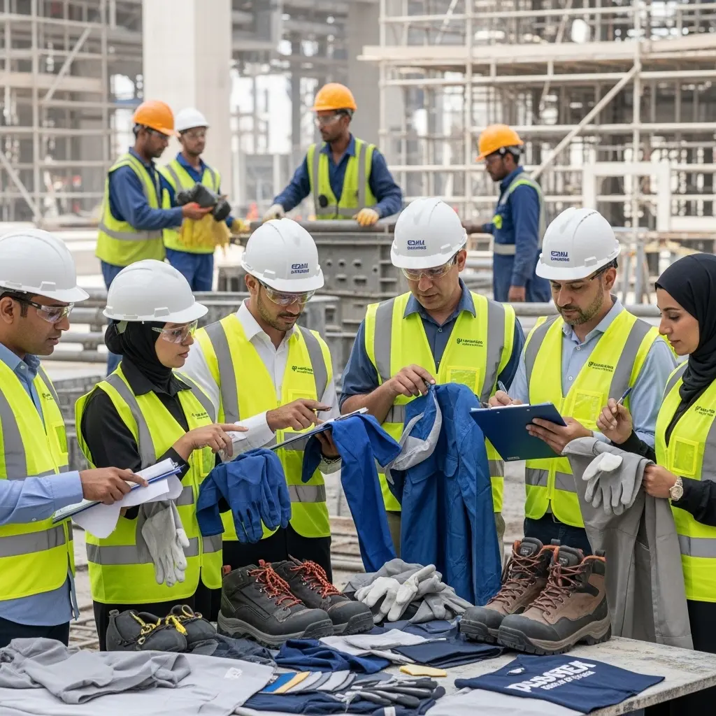 engineers inspecting safety uniforms and equipment at construction site in Qatar