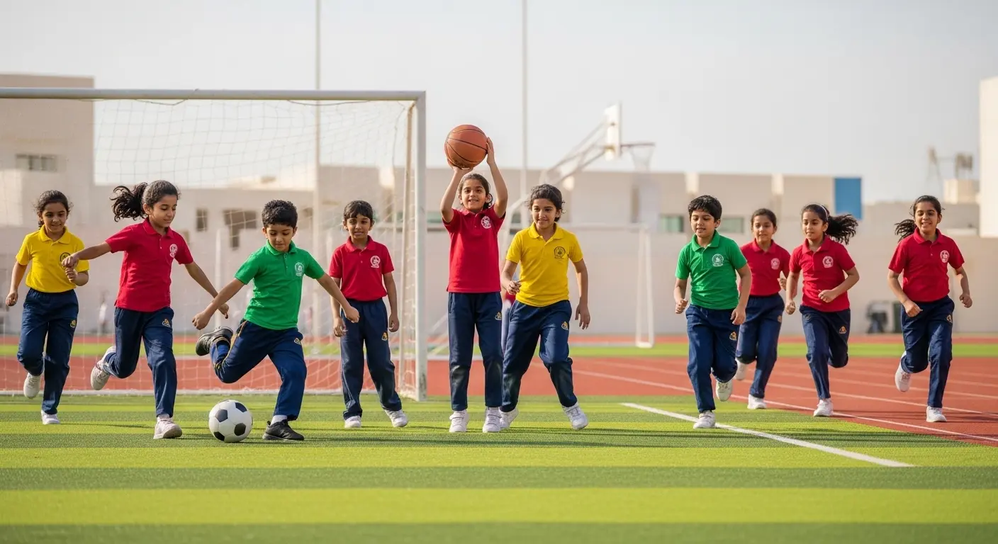 Children wearing colorful sports uniforms playing on school ground by Stitch Point Qatar