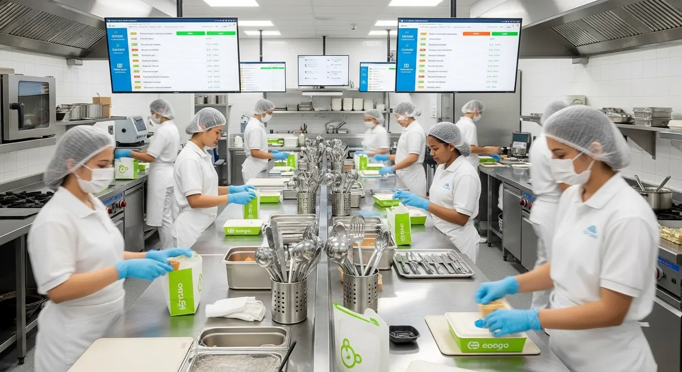 Kitchen staff wearing hygienic food service uniforms working in a commercial kitchen in Qatar