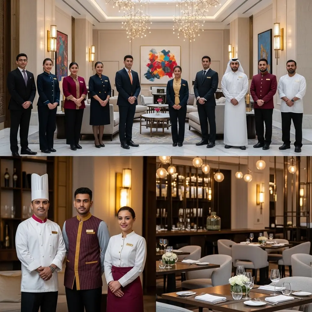 Luxury hotel staff team in formal uniforms standing in lobby with fine dining restaurant setup