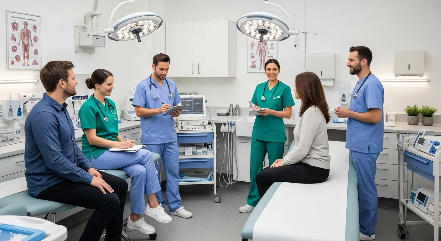 Doctors and nurses consulting with patients inside a modern medical examination room