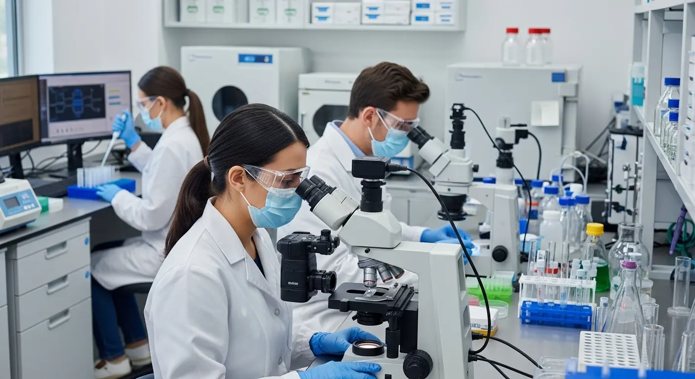 Medical laboratory scientists wearing lab coats and masks conducting microscope analysis in a clinical laboratory