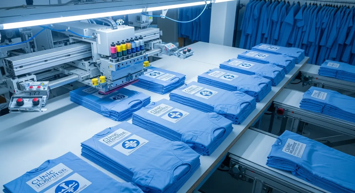 Stacks of medical scrubs being printed and branded in a uniform manufacturing facility