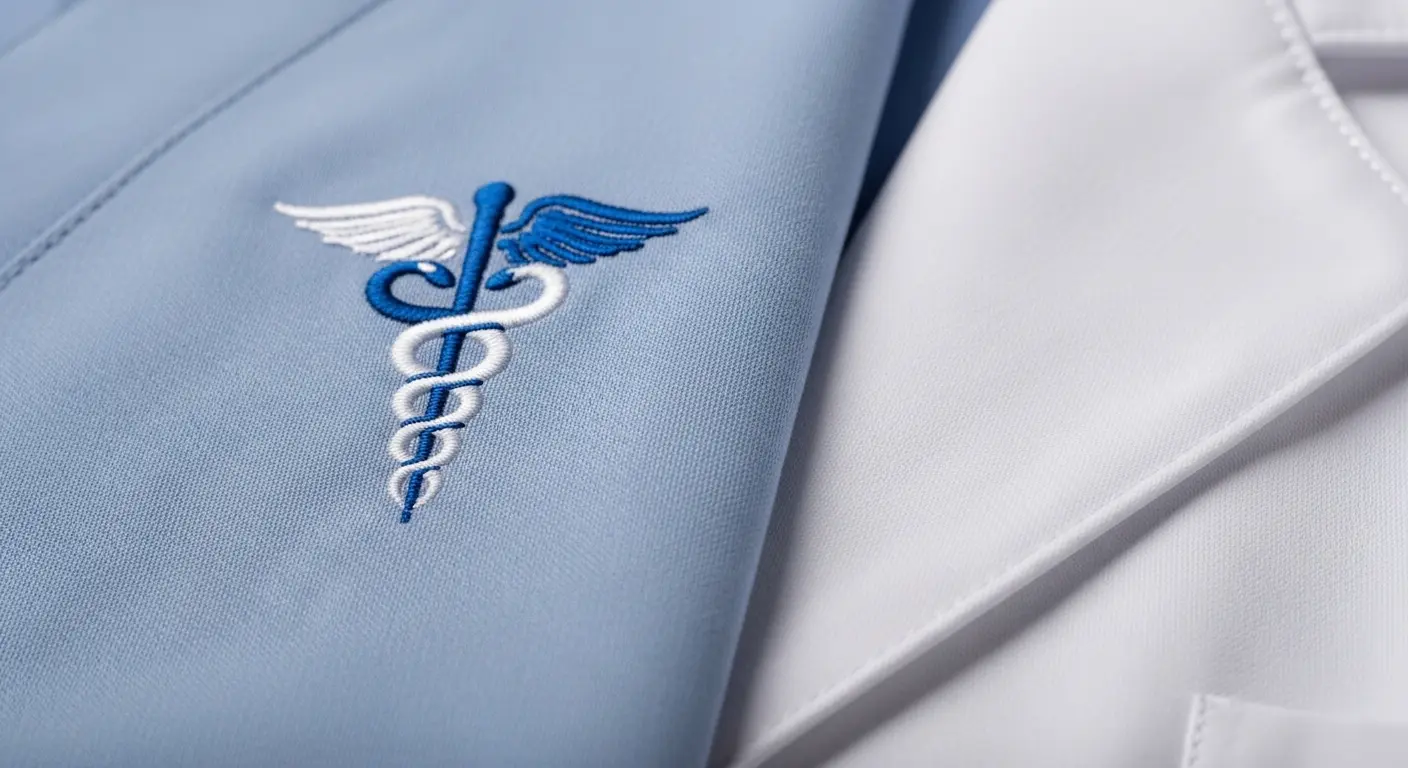 Close-up of custom embroidered medical logo on hospital scrub uniform