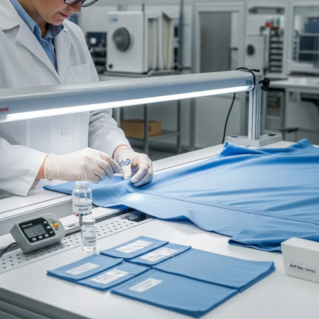 Laboratory technician testing medical fabric samples for quality and safety compliance