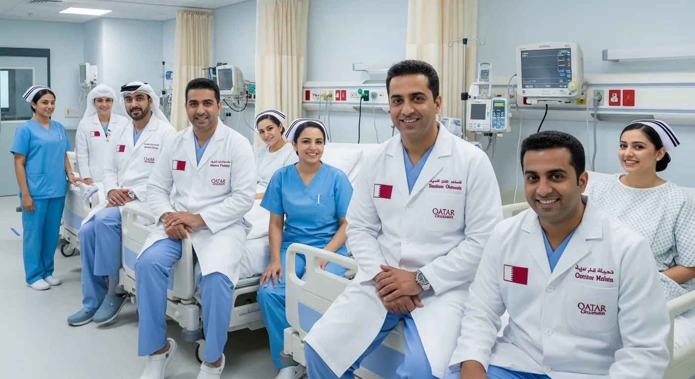 doctors and nurses wearing medical uniforms inside a hospital in Qatar